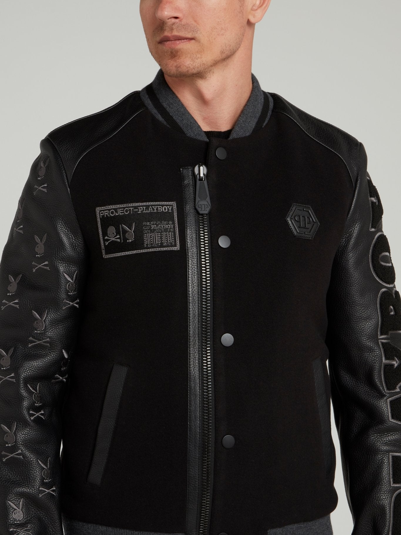 Black Playboy Leather Sleeve Bomber Jacket