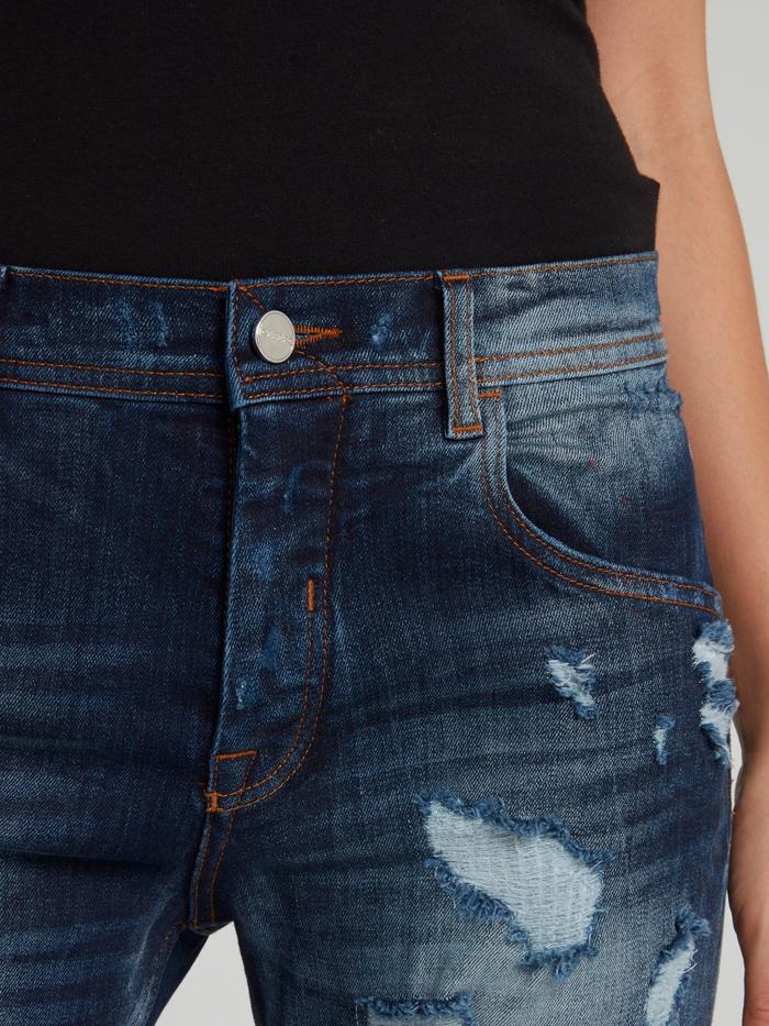 Прямые укороченные джинсы с рваной отделкой