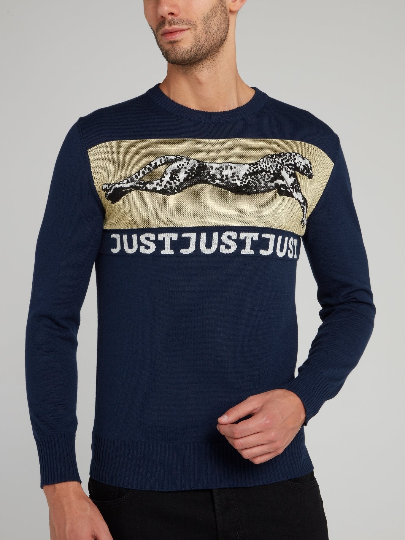Темно-синий джемпер с круглым вырезом с изображением леопарда и логотипом