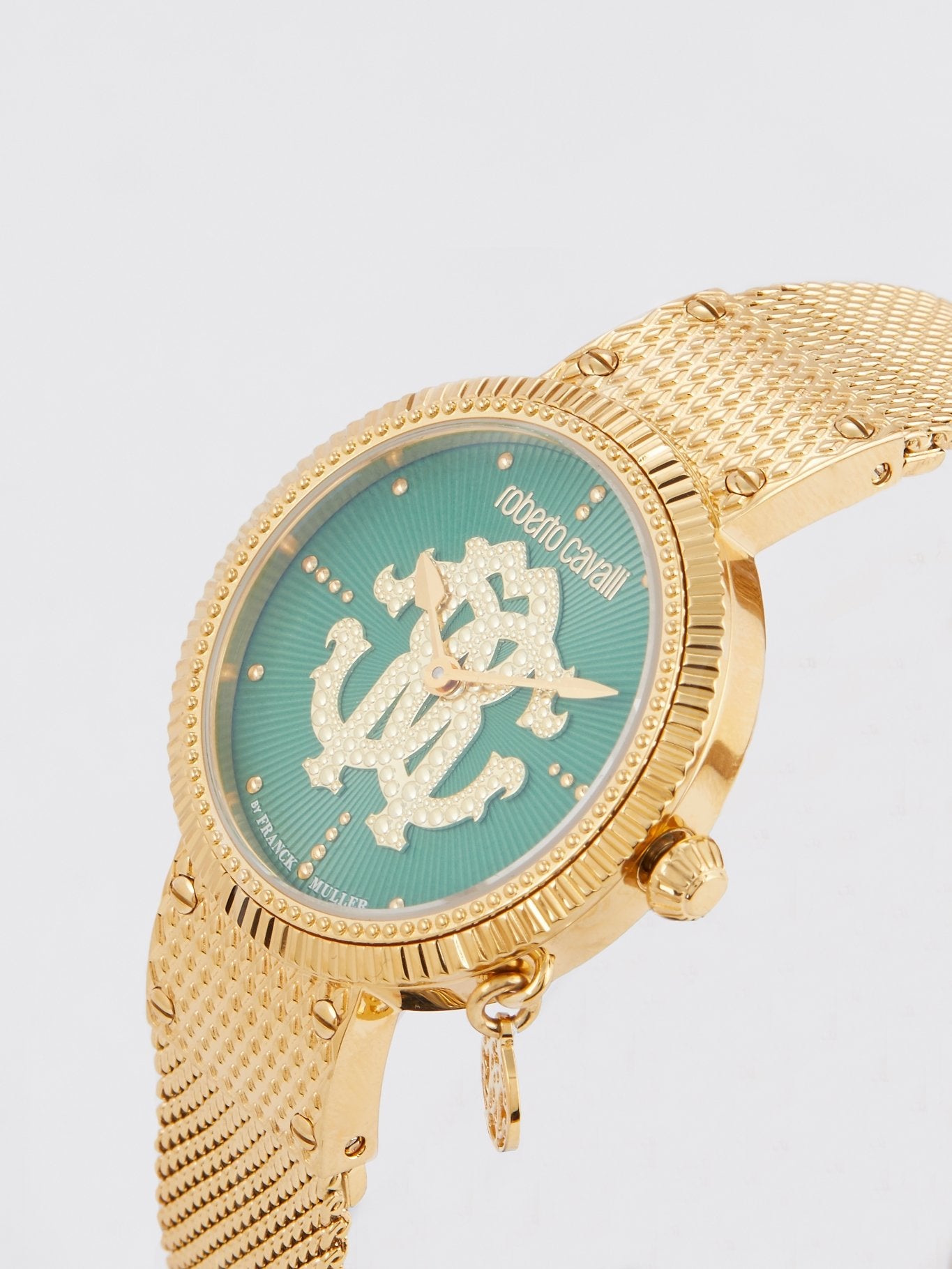 Золотистые часы с зеленым циферблатом и логотипом