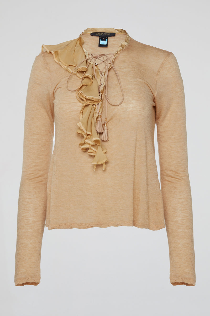 Beige Ruffled Lace Up Top