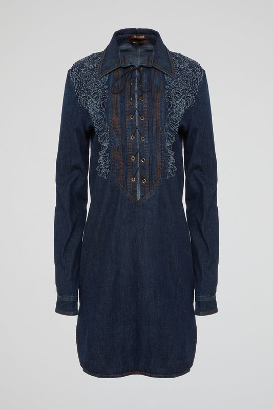 Navy Western Charm Embroidered Denim Tunic Dress