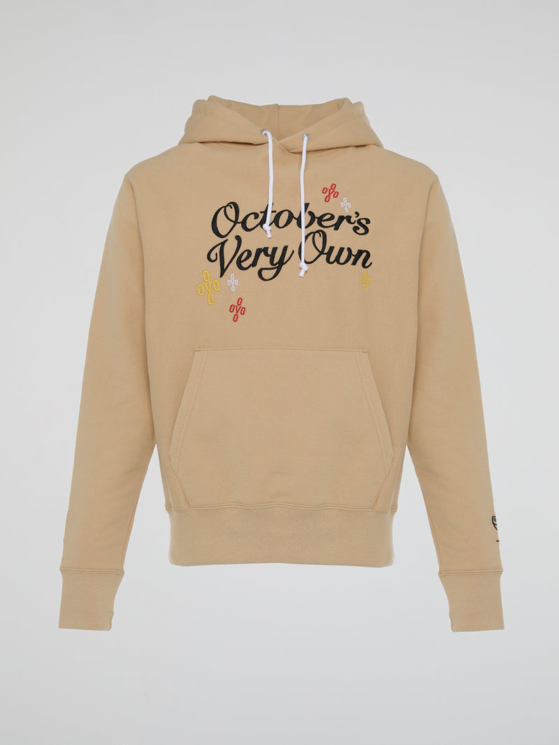 Beige Pompom Script Hooded Sweatshirt