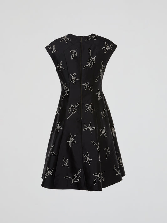 Black Botanical Embroidered Flare Midi