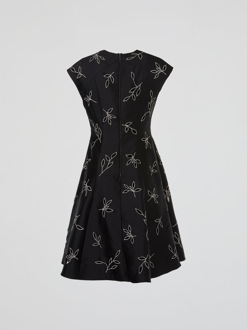 Black Botanical Embroidered Flare Midi