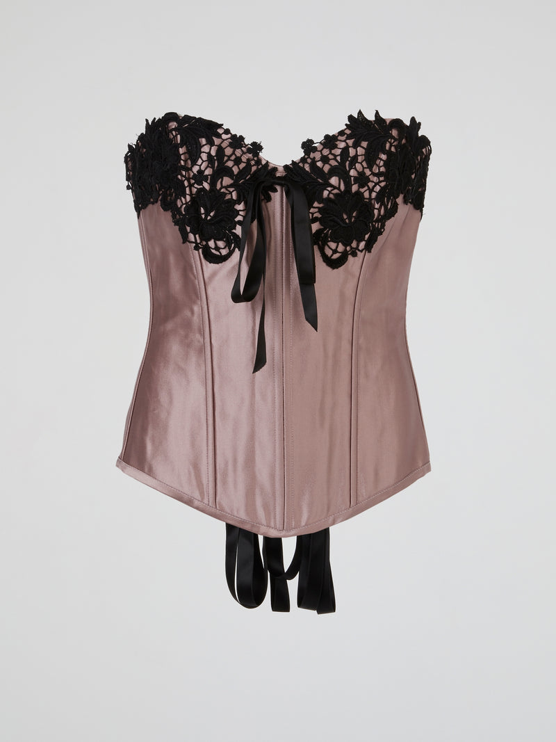 Pink Satin Black Lace-Up Corset Top