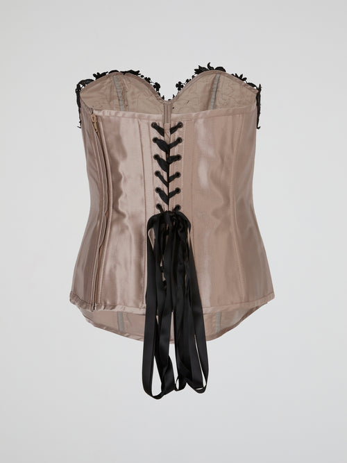 Beige Satin Black Lace-Up Corset Top