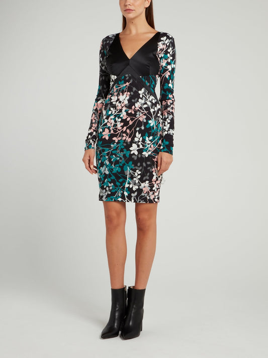 Black Leaf Print V-Neck Dress