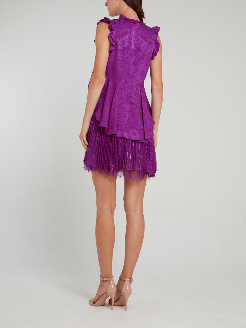 Фиолетовое платье-мини с плиссировкой и принтом пейсли