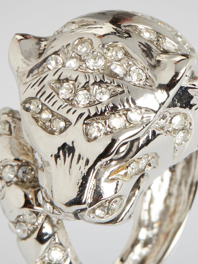 Silver Crystal Studded Panther Head Ring