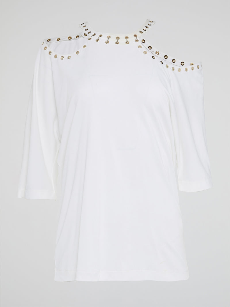 Wrap yourself in effortless elegance with the White Cold Shoulder Top by Roberto Cavalli. This stunning piece boasts intricate detailing and a modern silhouette that will turn heads wherever you go. Elevate your wardrobe with this must-have statement piece that exudes timeless sophistication and style.