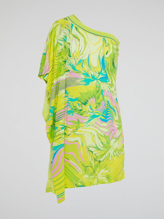 Embrace your bold and adventurous side with this vibrant green printed asymmetrical mini dress by Roberto Cavalli. The unique design is sure to turn heads and make a statement wherever you go. Express your personal style and stand out from the crowd in this traffic-stopping piece.
