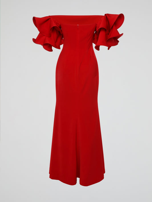Red Ruffle Sleeve Evening Dress