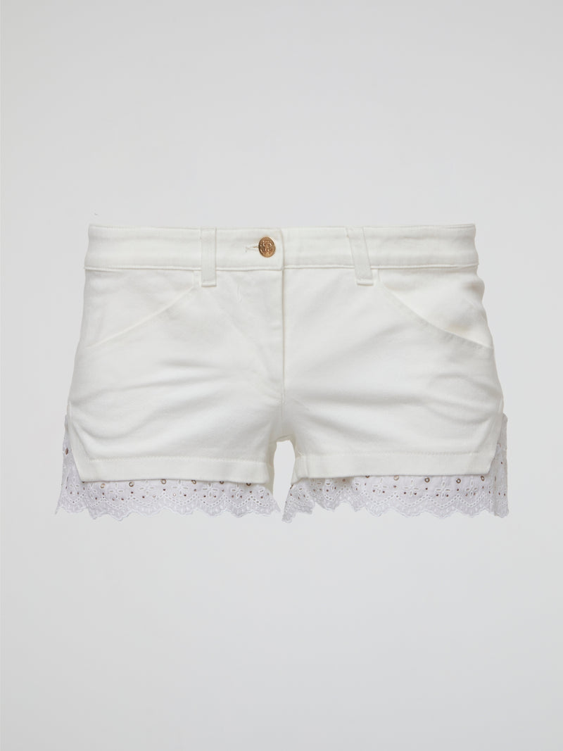 Embrace your inner bohemian goddess with these White Lace Trim Shorts by Roberto Cavalli. The delicate lace detailing adds a touch of elegance to these flowy shorts, perfect for a summer music festival or beach day. Channel your inner free spirit and stand out in style with this must-have addition to your wardrobe.