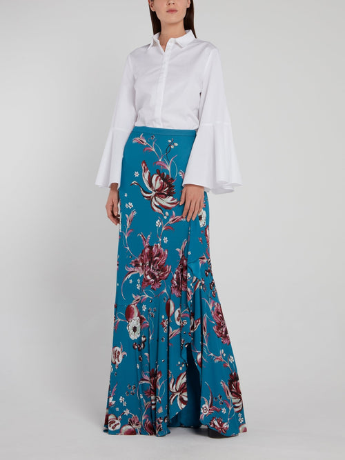 Синяя юбка-макси с оборками и цветочным принтом