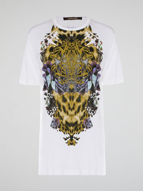 Elevate your casual style with the White Printed Oversized T-Shirt from Roberto Cavalli. Made with premium cotton fabric, this tee features a bold and eye-catching print that will set you apart from the crowd. Whether you dress it up with heels or keep it cool with sneakers, this statement piece is a must-have for your wardrobe.