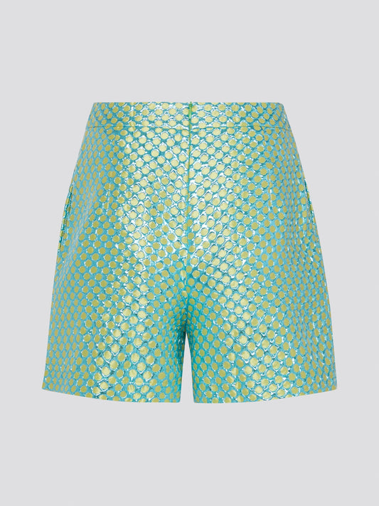 Step up your style game with our Green Net Mesh Detailed Shorts! Featuring a unique and eye-catching design, these shorts are perfect for adding a touch of edge to any outfit. Made with breathable fabric and a comfortable fit, you'll look and feel cool all day long in these ultrachic shorts.