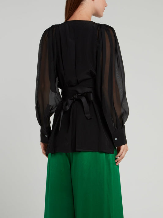 Черная блузка с прозрачными рукавами и поясом