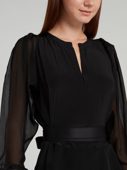 Черная блузка с прозрачными рукавами и поясом