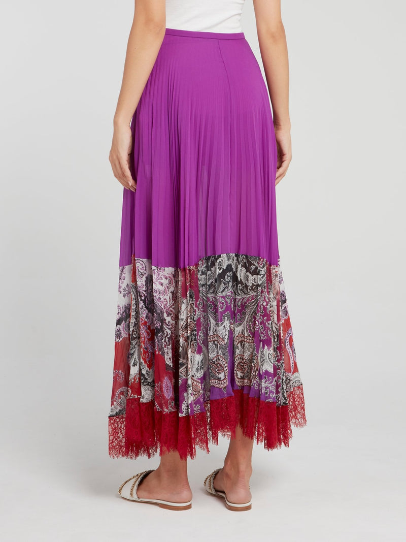 Фиолетовая юбка-макси с кружевными вставками и оборками