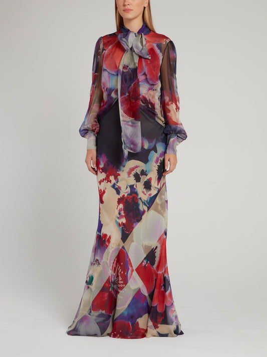 Corsage Bishop Sleeve Chiffon Maxi Dress