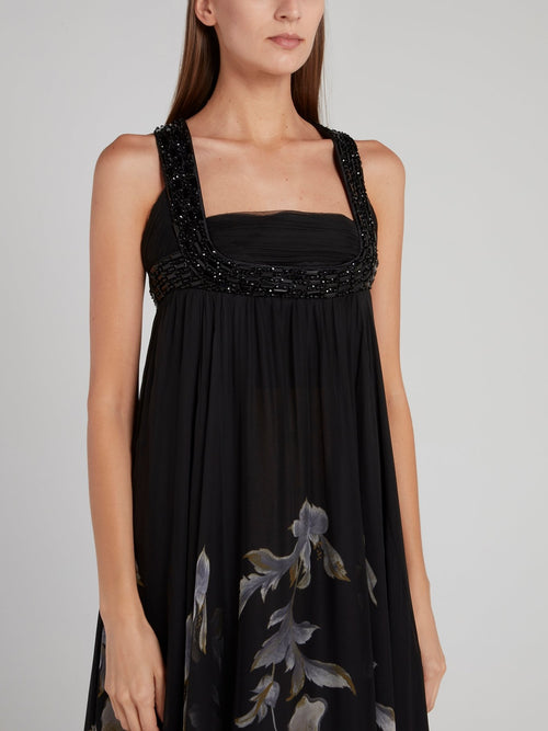 Черное платье-макси с цветочным принтом и открытой спиной