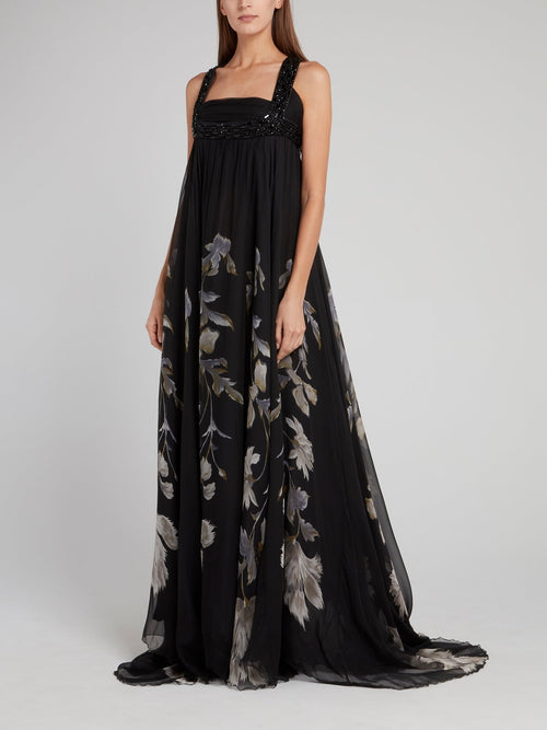Черное платье-макси с цветочным принтом и открытой спиной