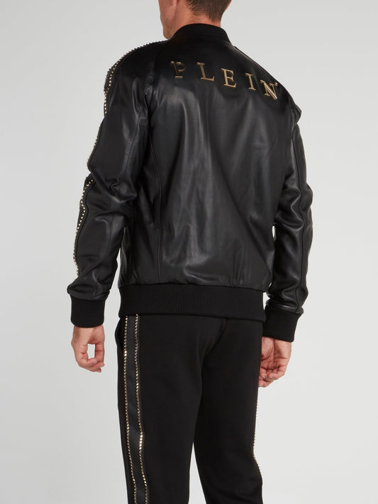 Studded Shoulder Stripe Leather Bomber Jacket