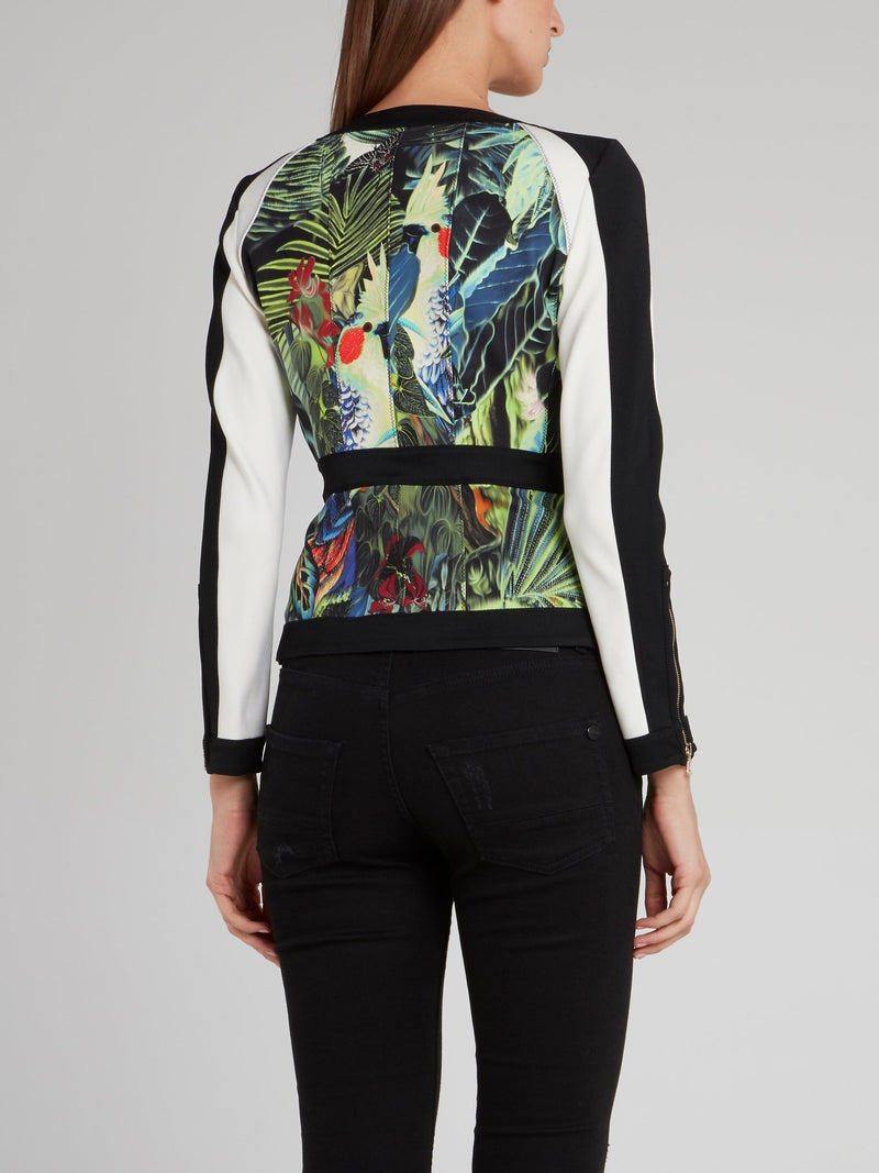 Tropical Print Zip Up Contrast Sleeve Jacket