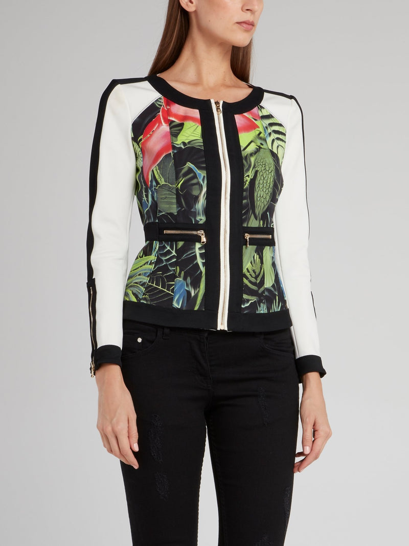 Tropical Print Zip Up Contrast Sleeve Jacket