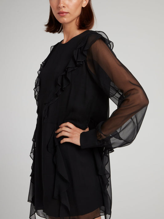 Черное платье-мини с рюшами и прозрачными вставками