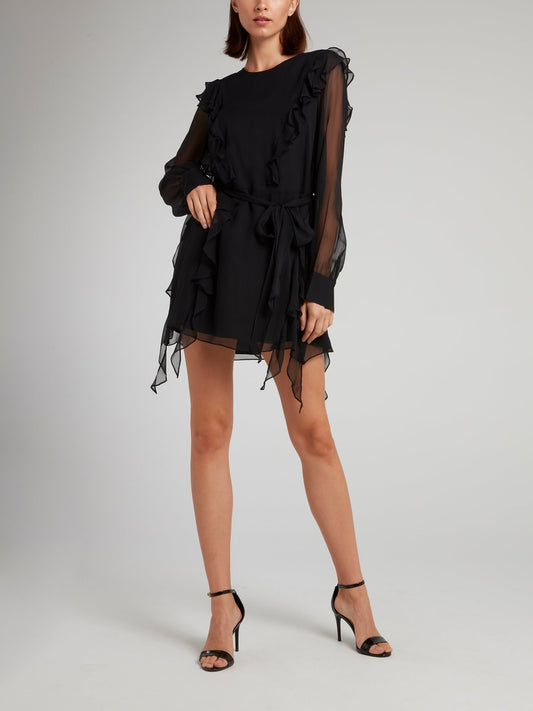 Черное платье-мини с рюшами и прозрачными вставками