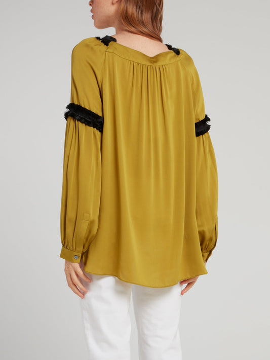 Горчично-желтая блузка из сатина с бантом