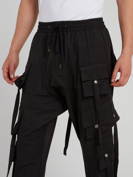 Black Multi-Pocket Drawstring Pants