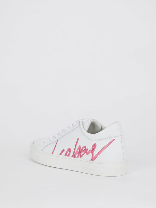 White Logo Embroidered Lace Up Sneakers