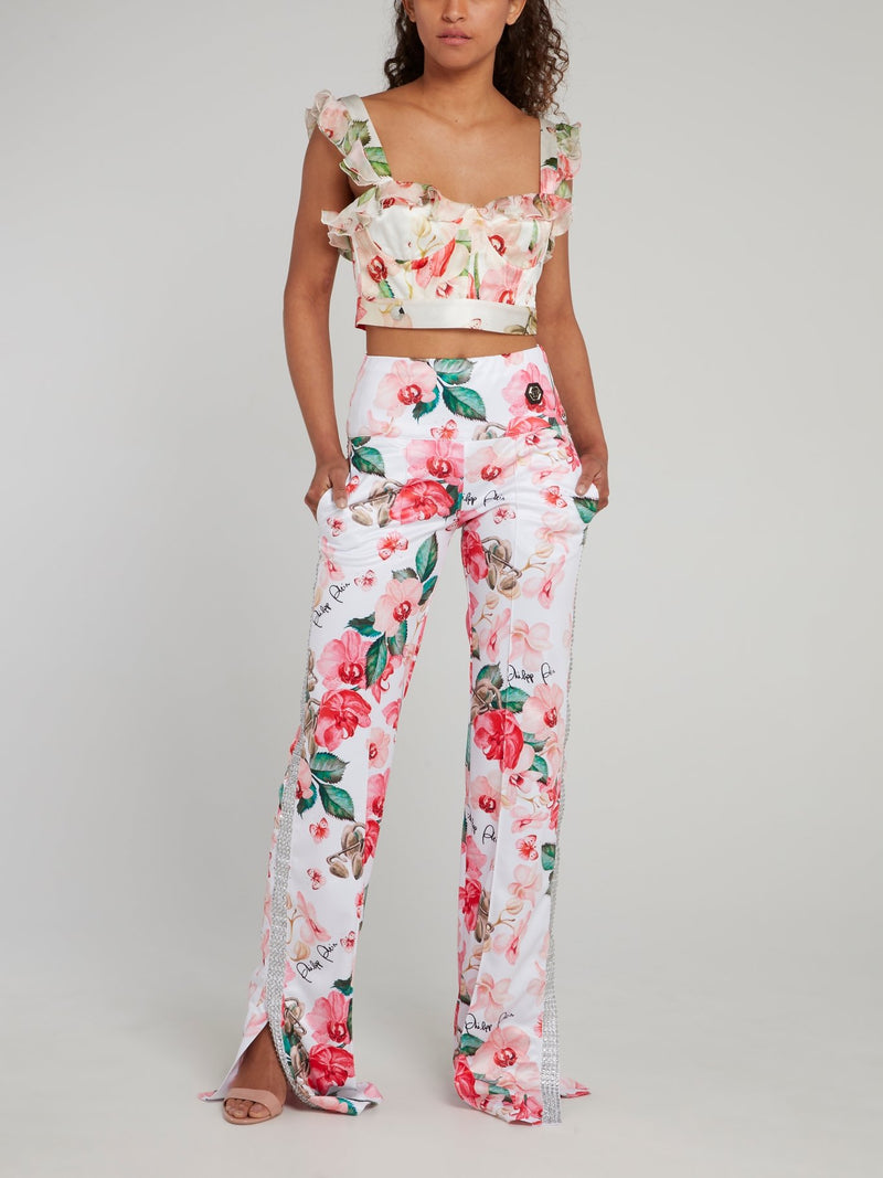 Floral Print Embellished Flared Track Pants