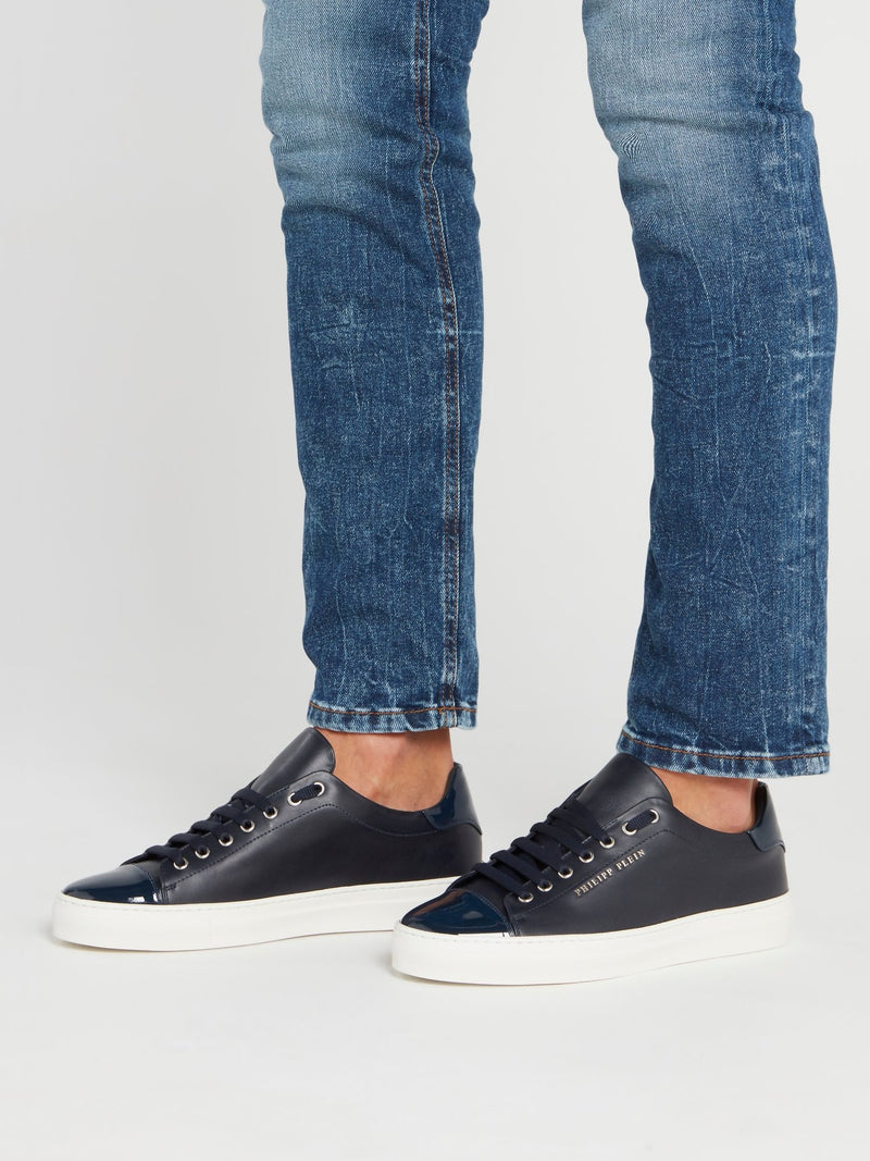 Navy Patent Leather Heel and Toe Patch Sneakers