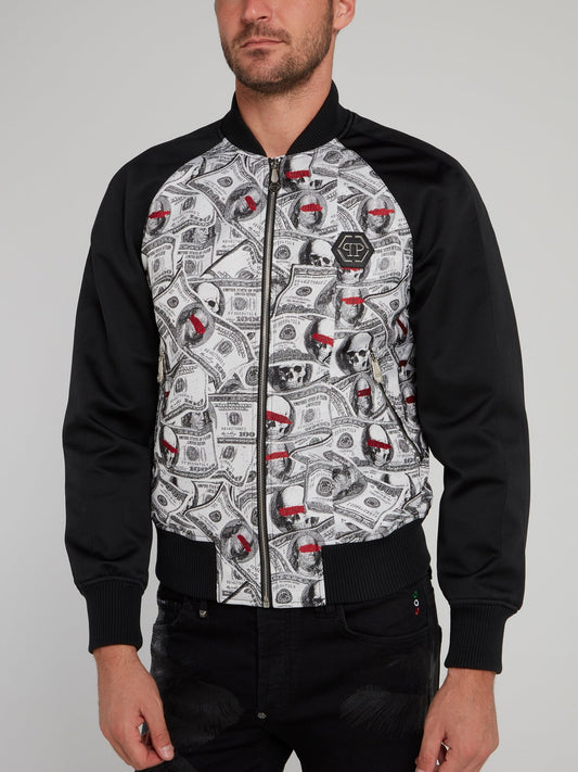 Black Panel Dollar Skull Print Bomber Jacket