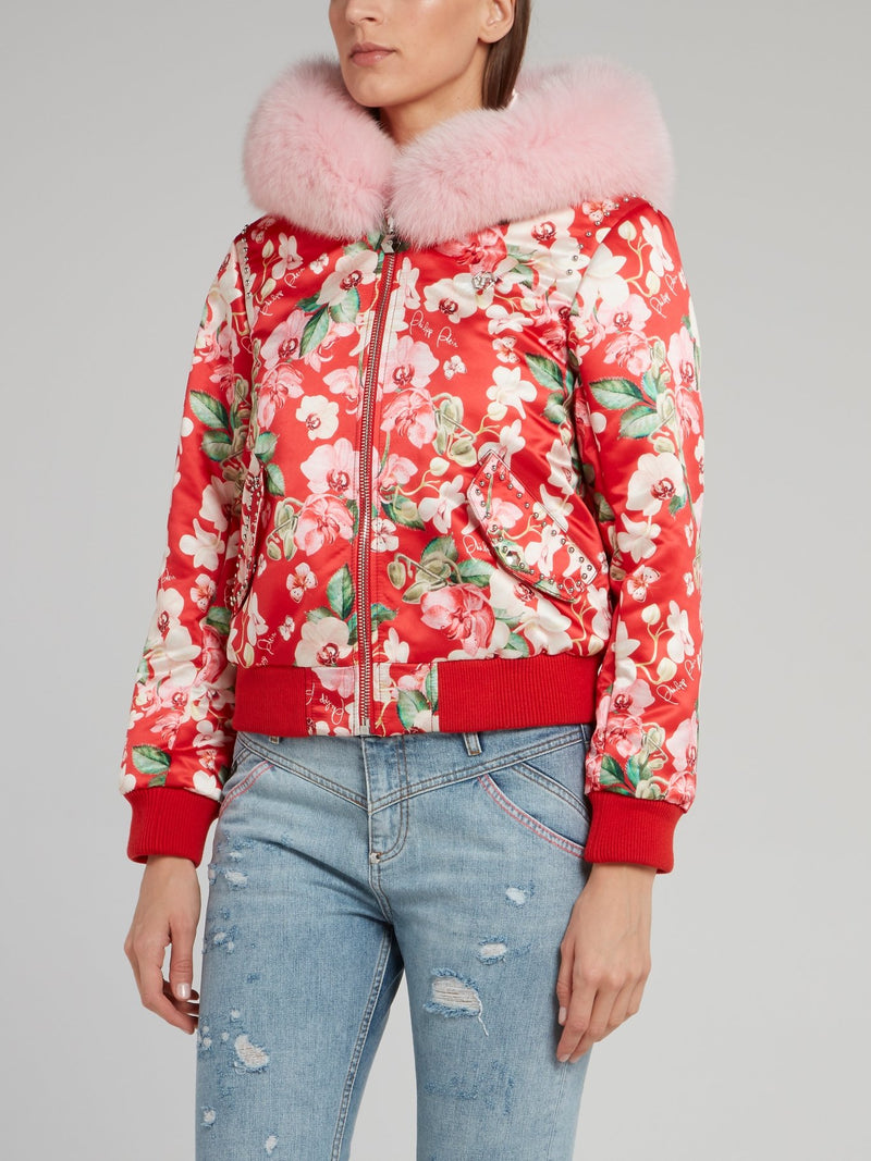 Red Floral Print Fur Collar Bomber Jacket