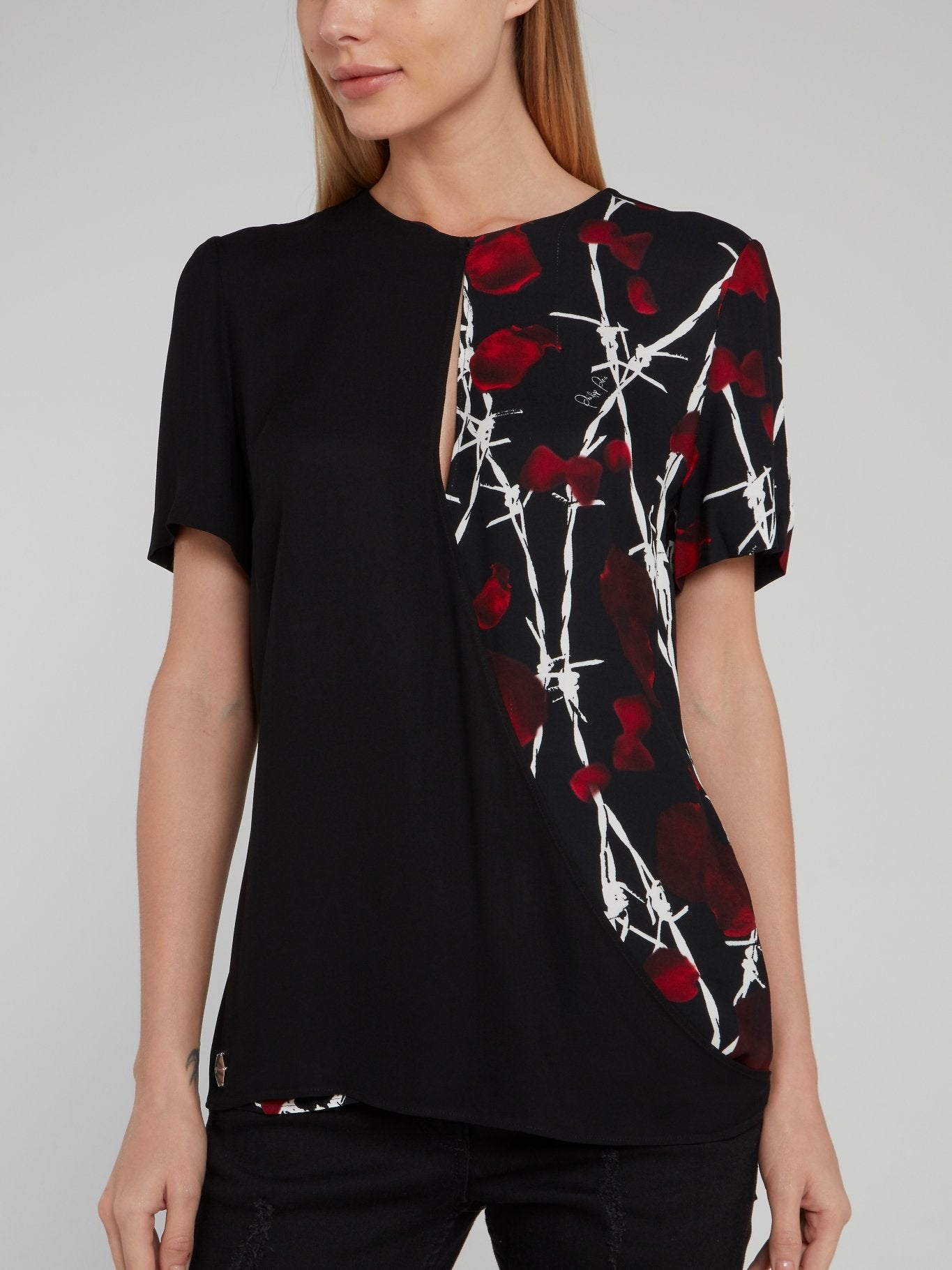 Black Rose Print Keyhole Top