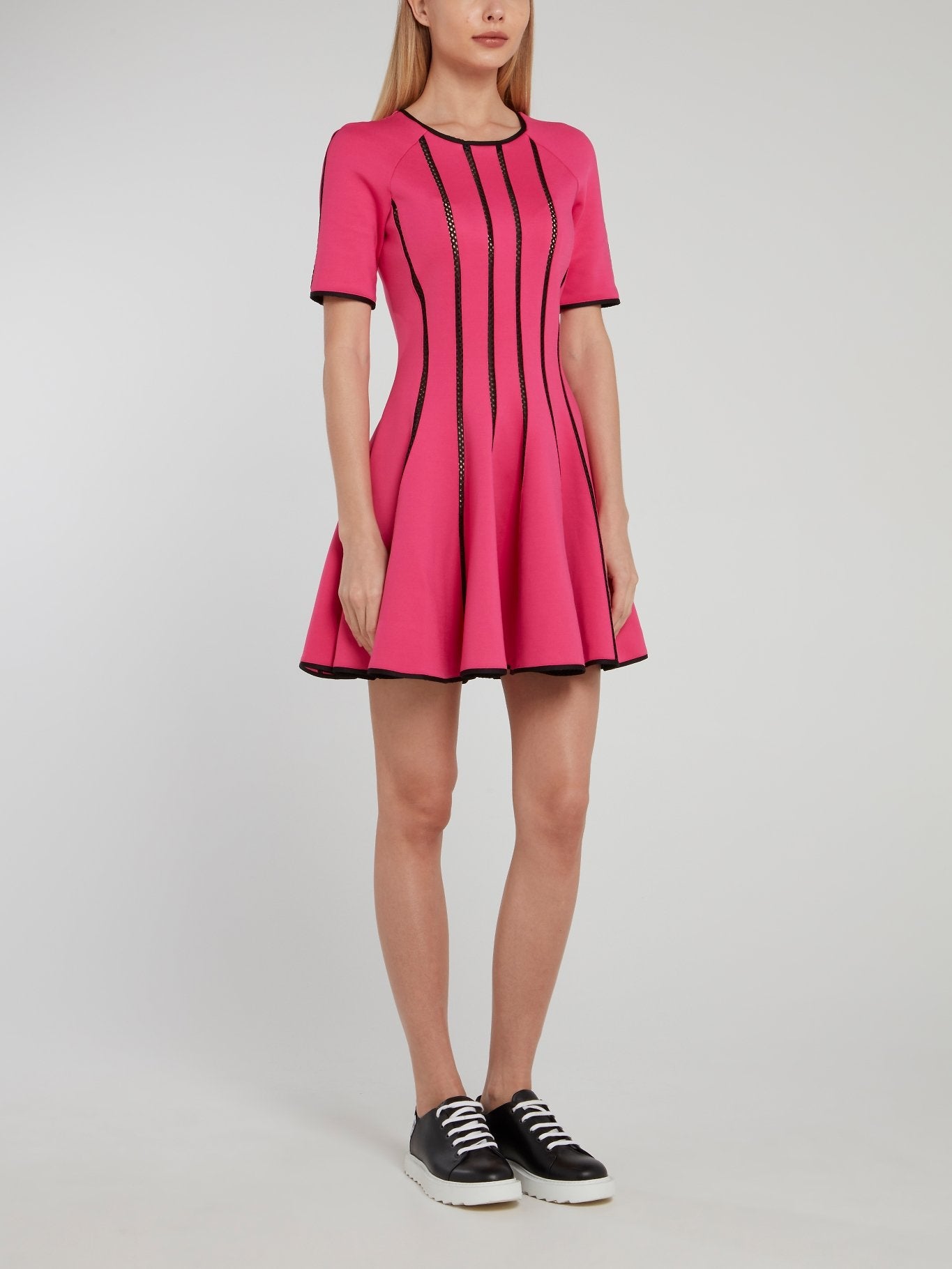 Pink Perforated Panel Half Sleeve Mini Dress