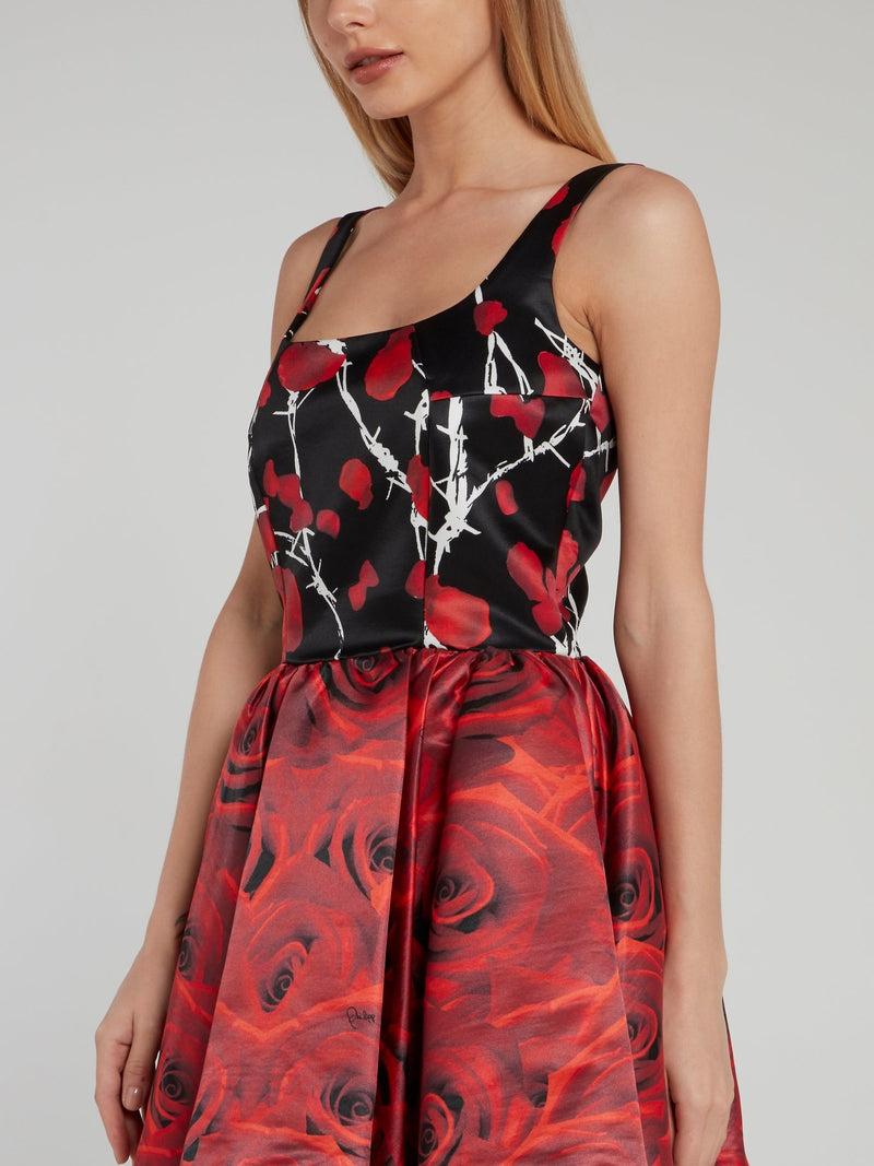 Black Rose Print Pleated Mini Dress