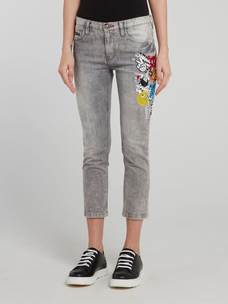 Grey Multi-Stud Distressed Cropped Pants