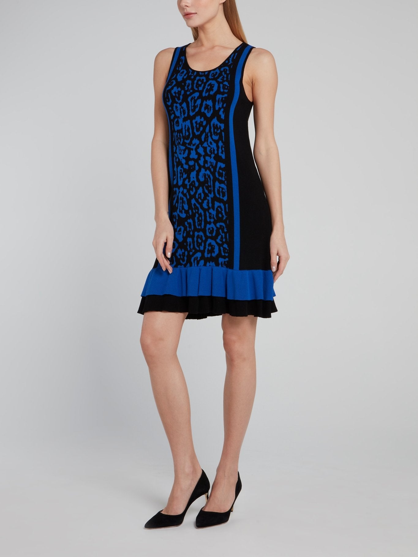 Платье-мини с оборками и синим леопардовым принтом