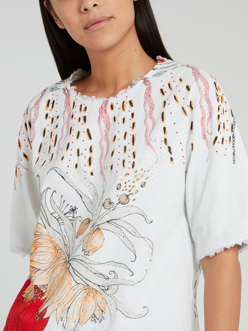 Floral Sketch Print Keyhole Back Frayed Shirt