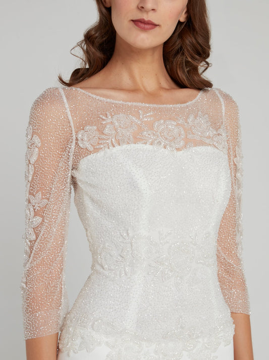 White Beaded Overlay Bridal Gown