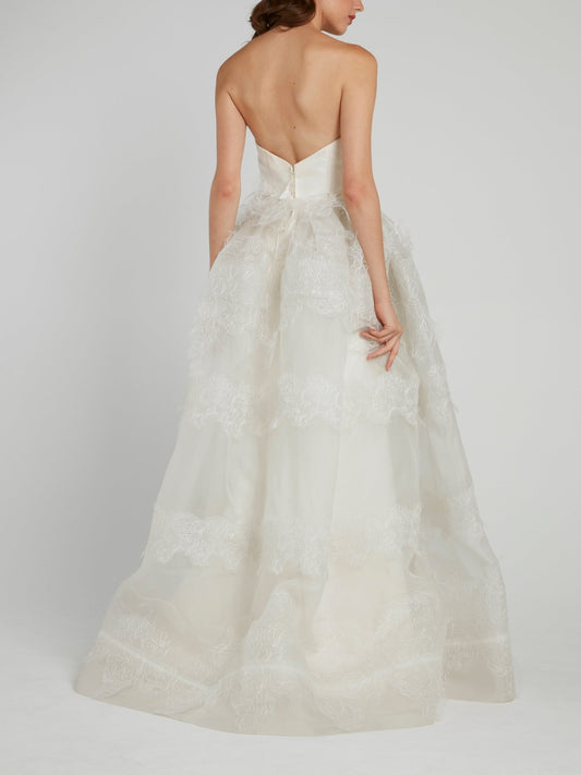 White Lace Overlay Strapless Bridal Gown