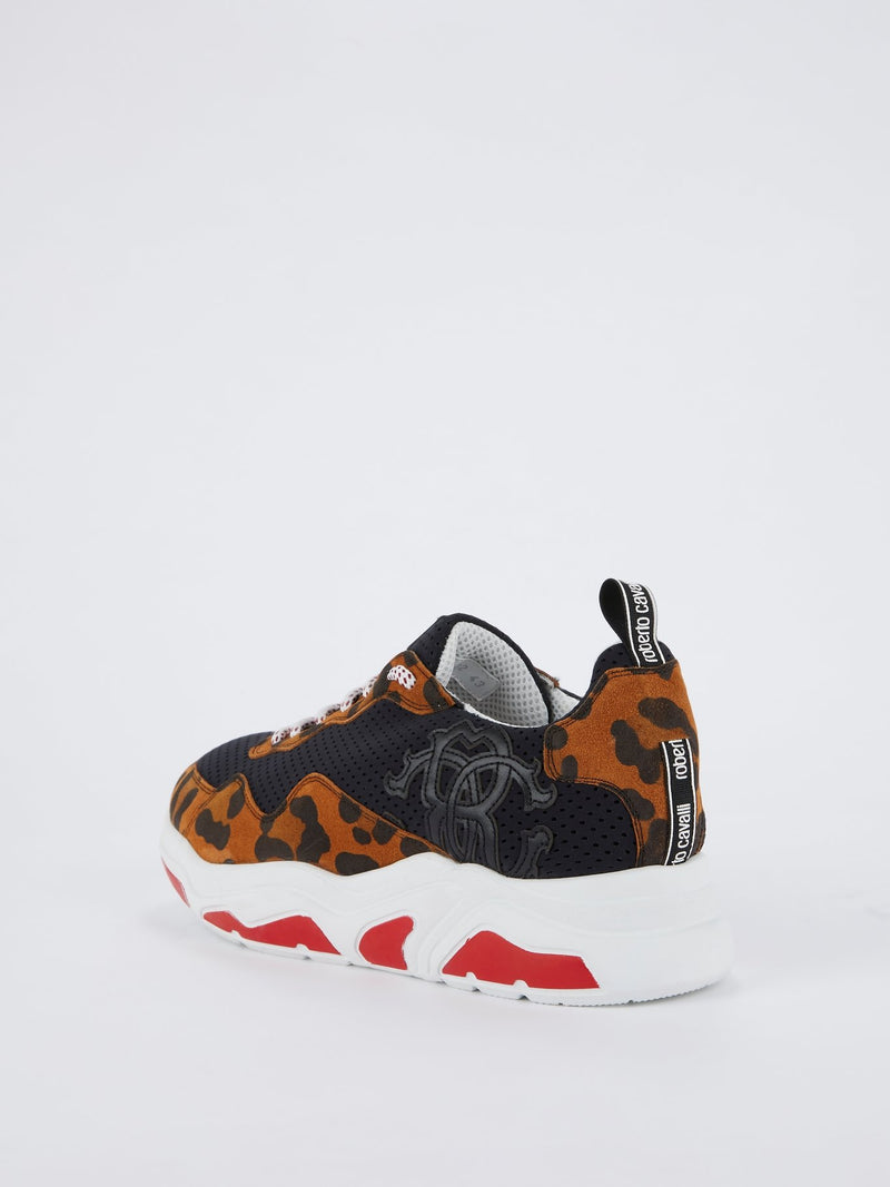 Leopard Panel Perforated Lace Up Sneakers