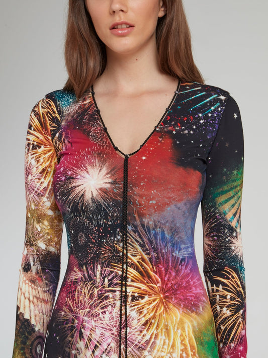 Firework Print Tassel Detail Mini Dress