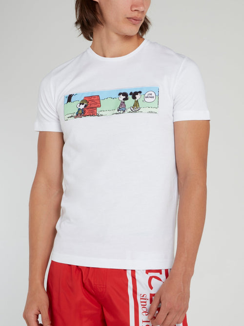 White Snoopy Comic Print Cotton T-Shirt